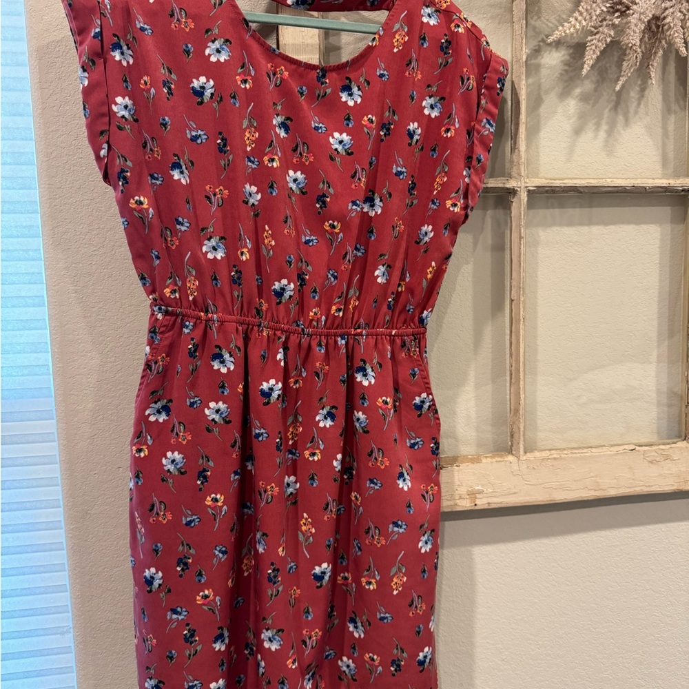 Pink Rose burgundy/rust colored Floral Casual Dress with Blue & White Blooms